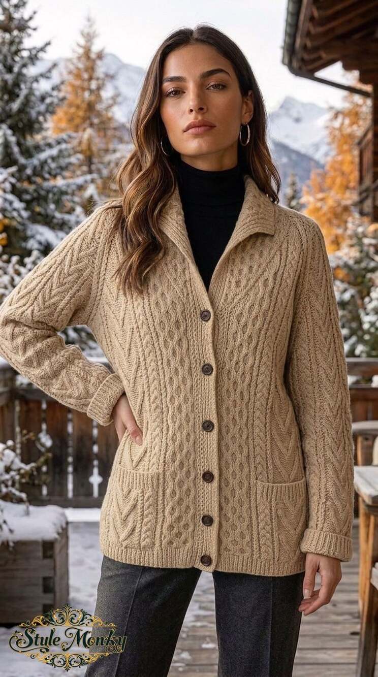 Vintage Round Tower Handknit Cardigan Size M Beige Pure Wool
